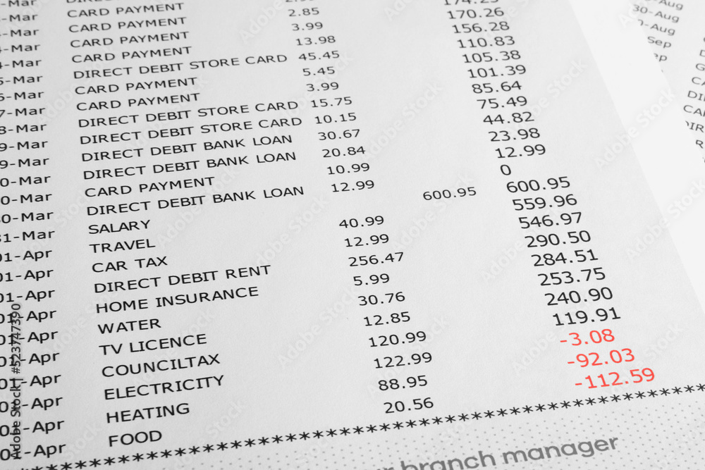 Obraz premium Bank Statement showing account in debt