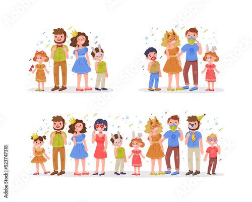 Set of happy people in carnival masks. Families celebrating holidays and having fun at carnival party cartoon vector illustration