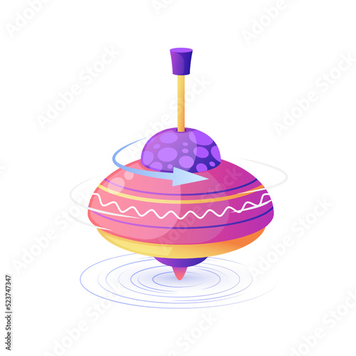 Spinning top toy. Cartoon children whirling toy holding motion balance with arrow showing spinning direction. Vector illustration. Plastic rotating colorful object for little kids isolated on white
