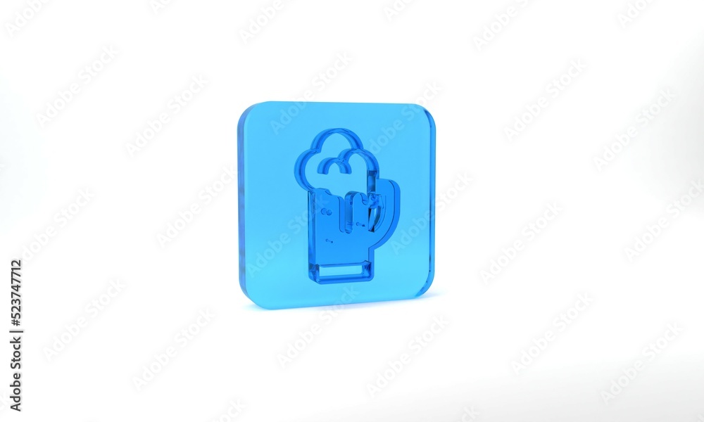 Blue Glass of beer icon isolated on grey background. Glass square button. 3d illustration 3D render Blue Glass of beer icon isolated on grey background. Glass square button. 3d illustration 3D render