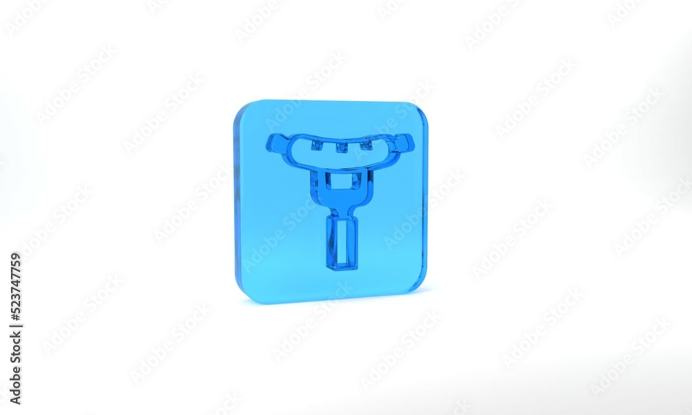 Blue Sausage on the fork icon isolated on grey background. Grilled sausage and aroma sign. Glass square button. 3d illustration 3D render Blue Sausage on the fork icon isolated on grey background. Grilled sausage and aroma sign. Glass square button. 3d illustration 3D render