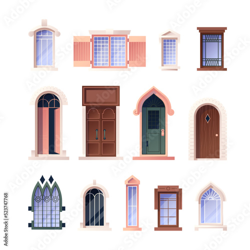 Vintage windows and doors. Antique european detailed facade architectural elements, retro balcony exterior. Vector castle and retro residence entrance and windows set. Historic building construction