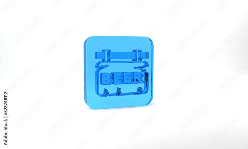 Blue Street signboard with inscription Beer icon isolated on grey background. Suitable for advertisements bar, cafe, pub, restaurant. Glass square button. 3d illustration 3D render Blue Street signboard with inscription Beer icon isolated on grey background. Suitable for advertisements bar, cafe, pub, restaurant. Glass square button. 3d illustration 3D render