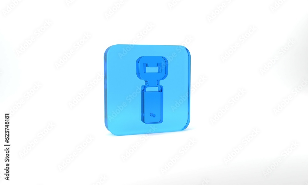 Blue Bottle opener icon isolated on grey background. Glass square button. 3d illustration 3D render Blue Bottle opener icon isolated on grey background. Glass square button. 3d illustration 3D render