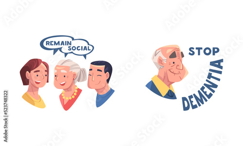 Stop dementia disease prevention tips set. Remain social cartoon vector illustration