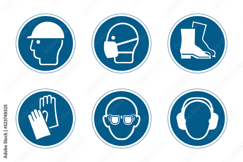 Set of icons, pictograms of industrial safety and occupational health. Personal protection equipment for the prevention of occupational risks and accidents - obrazy, fototapety, plakaty 