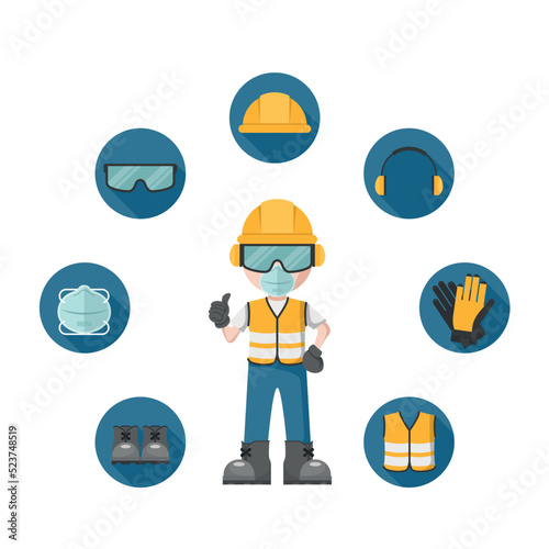 Worker wearing his personal protective equipment. Set of industrial safety and occupational health icons for the prevention of occupational risks and accidents