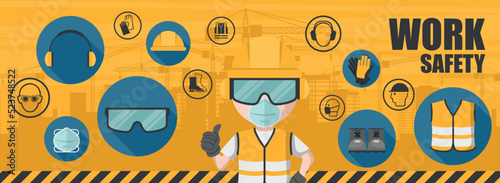 Worker background using his personal protective equipment. Set of industrial safety and occupational health icons for the prevention of occupational risks and accidents