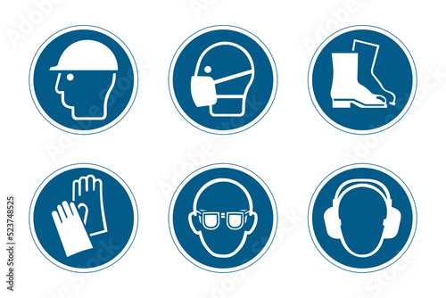 Set of icons, pictograms of industrial safety and occupational health. Personal protection equipment for the prevention of occupational risks and accidents
