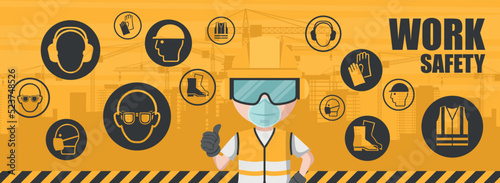 Worker background using his personal protective equipment. Set of icons, pictograms of industrial safety and occupational health for the prevention of occupational risks and accidents