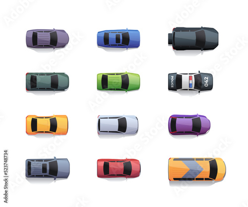 Cars top view. 2D traffic from above, various automobile for city collection, game transport sprite asset, van pick-up SUV vehicles. Vector colored set. Toy models for transportation