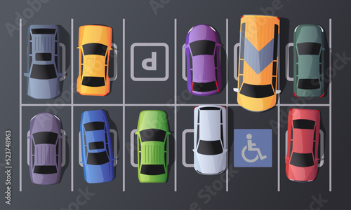 Parking top view. Garage floor with cars from above, city parking lot with free space, cartoon street carpark with various vehicles. Vector illustration. Cartoon colorful urban transport