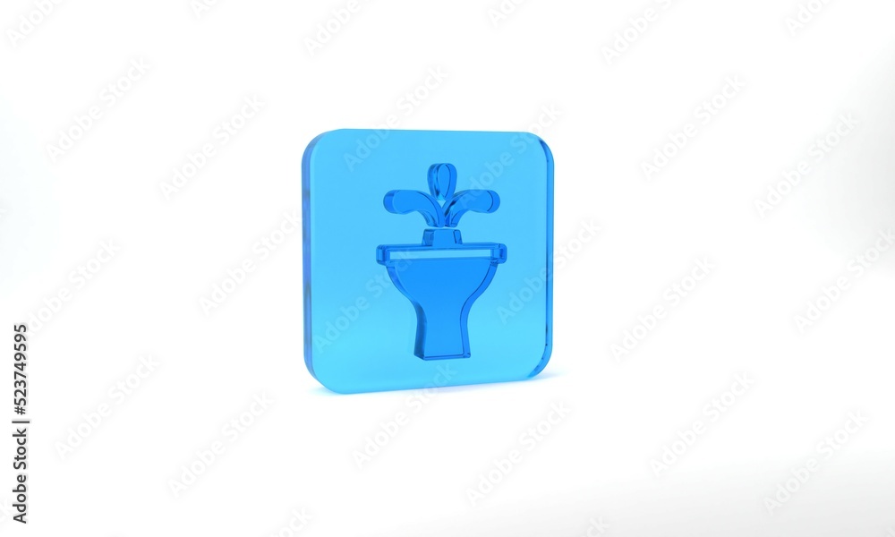 Blue Fountain icon isolated on grey background. Glass square button. 3d illustration 3D render Blue Fountain icon isolated on grey background. Glass square button. 3d illustration 3D render