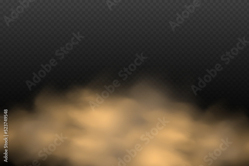 A cloud of brown dust and sand with particles of flying dry sand and dirt.Trace on a dusty road or highway from a car.Clubs of dark smoke.Realistic illustration on a transparent background.