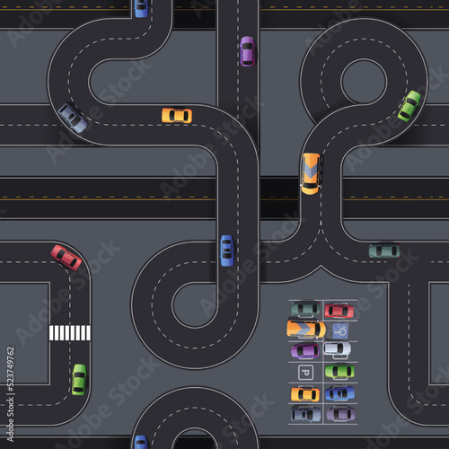 Highway pattern. Seamless print of city roads with intersections turnings crossroads and junctions, cartoon aerial view of roadway. Vector texture. Vehicles on speedways and parking lots