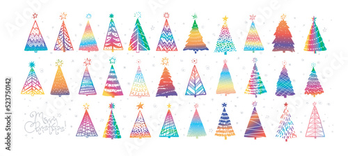 Set of hand-drawn rainbow doodle christmas trees. Christmas vector sketch illustration of holidays decoration.