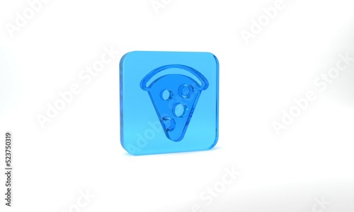 Blue Slice of pizza icon isolated on grey background. Fast food menu. Glass square button. 3d illustration 3D render © Iryna