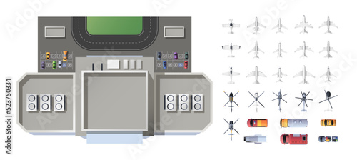 Airport infrastructure top view. Passenger and cargo aircraft and service vehicles collection. Aerial view of airport terminal elements. Vector isolated set. Urgency vehicles, airplane and helicopters