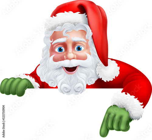 Santa Claus Christmas cartoon character above a sign peeping over and pointing at it photo