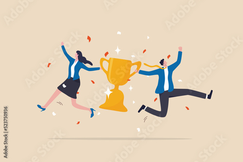 Team success, partnership or teamwork to win business competition, winner or achievement, work together or cooperation concept, businessman and businesswoman partner celebrate winning victory trophy. photo