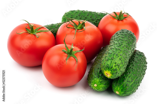 Tomatoes and cucumbers isolated on white background. Fresh vegetable isolated on white background.
