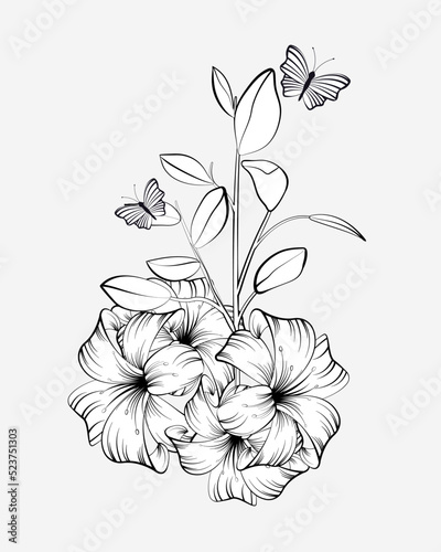 Coloring page. Anti stress coloring book for children and adults. Nature  flowers  plants  lilies and butterflies.