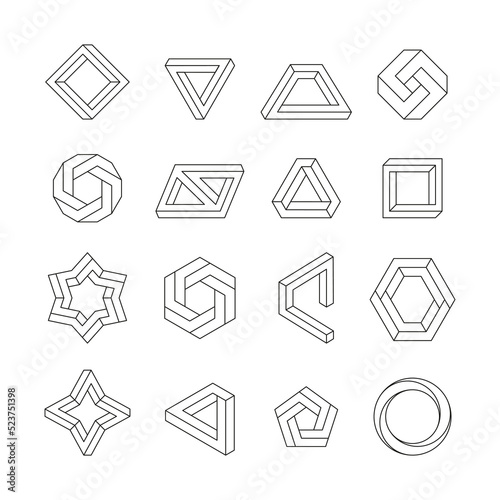 Impossible figures. Abstract geometric linear shapes, infinite optical illusion objects, 3D cube triangle and hexagonal twisted graphic elements. Vector isolated set. Unusual structures collection