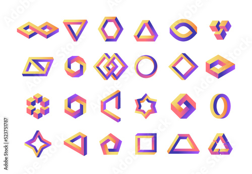 Illusion geometry. Impossible perspective infinite shapes, abstract optical delusion modern graphic elements. Vector visual paradox logo collection. Colorful unreal structure elements