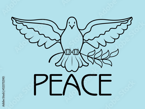 Beautiful dove with tree branch on light blue background, illustration. Symbol of peace