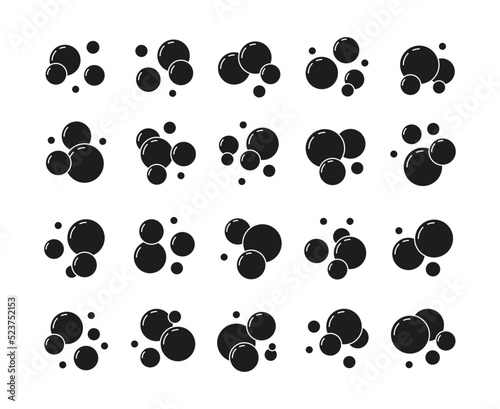 Black soap bubbles. Soda foam silhouette icons, fizzed water logo for washing chemistry or fizzy drink. Vector underwater ball pictogram collection. Shampoo or gel bubbles, oxygen spheres