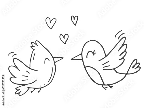 Set of cute hand-drawn doodle elements about love. Message stickers for apps. Icons for Valentines Day, romantic events and wedding. Two birds in love are flying with hearts.