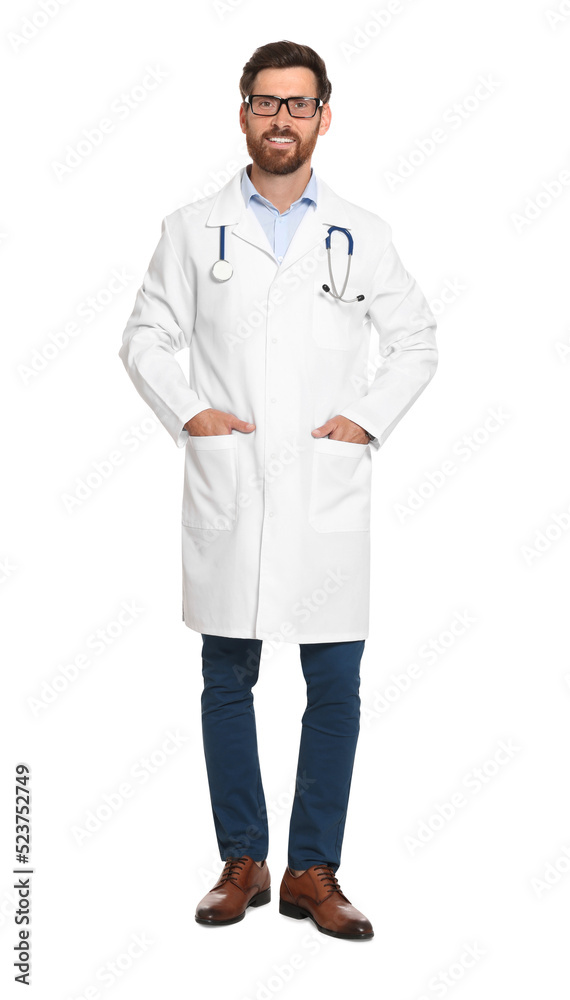 Full length portrait of doctor with stethoscope on white background Full length portrait of doctor with stethoscope on white background