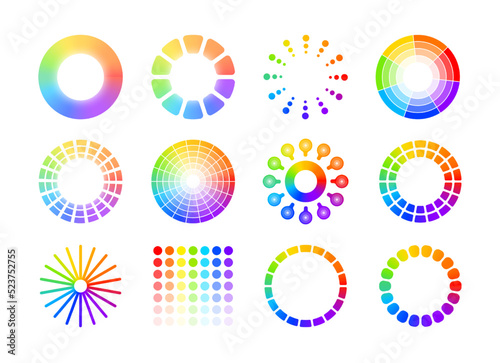 Color wheels. Charts of different shapes, gradient spectrum with rainbow multicolor pallette. Colorful colorwheel with hue and saturation. Vector isolated set. Mix or harmony combination scheme