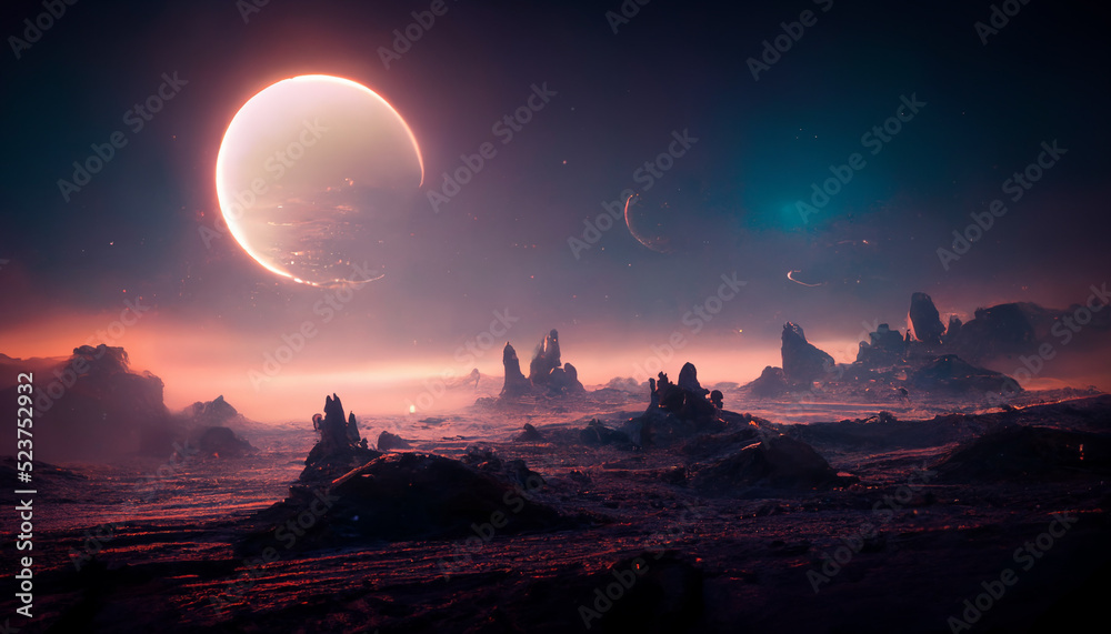Alien landscape with moons on a planet surface, alien planet 3d rendering 