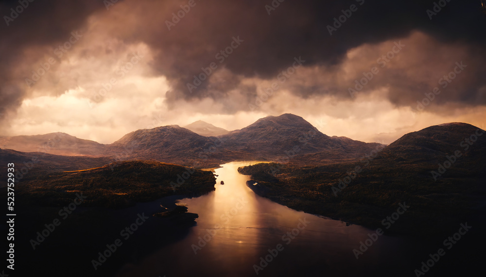 heavy atmospheric mountain landscape 3d rendering 