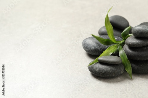 Spa stones and bamboo sprout on light grey table, closeup. Space for text