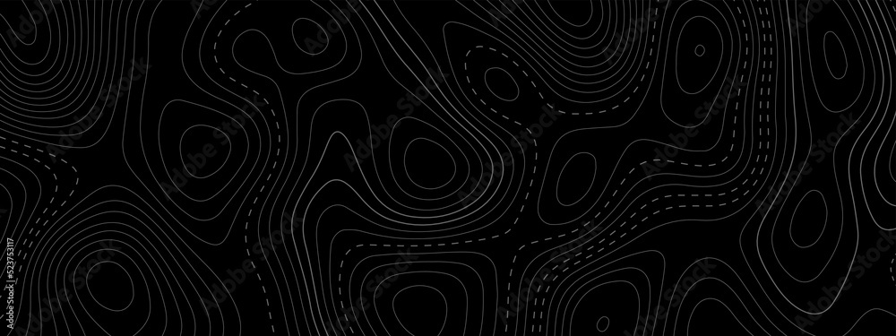 Abstract background with Topographic Map Background. Topographical style lines pattern. Geometric design contours on black backdrop Imitation of a geographical map, white lines on black background .	
