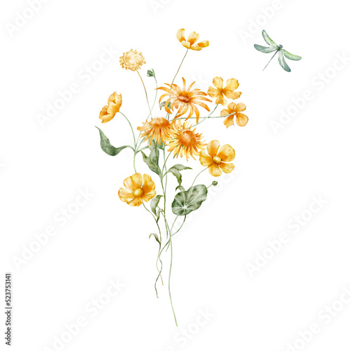 Watercolor floral illustration – Wildflowers arrangement: summer flower, blossom, bouquet.