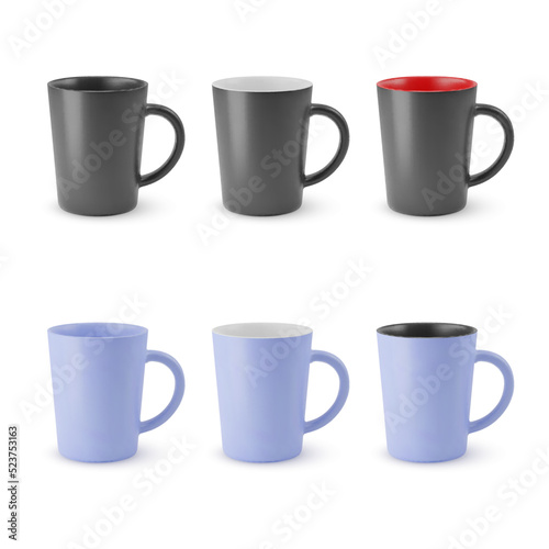 Illustration of Six Realistic Ceramic Coffee Cup or Tea Mug on a White. Isolated Mockup with Shadow Effect, and Copy Space for Your Design