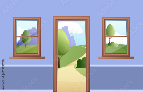 Open door and window view. Cartoon valley landscape with village fields, summer day scene through doorway entrance. Vector isolated illustration. Beautiful outdoor nature with sky and mountains