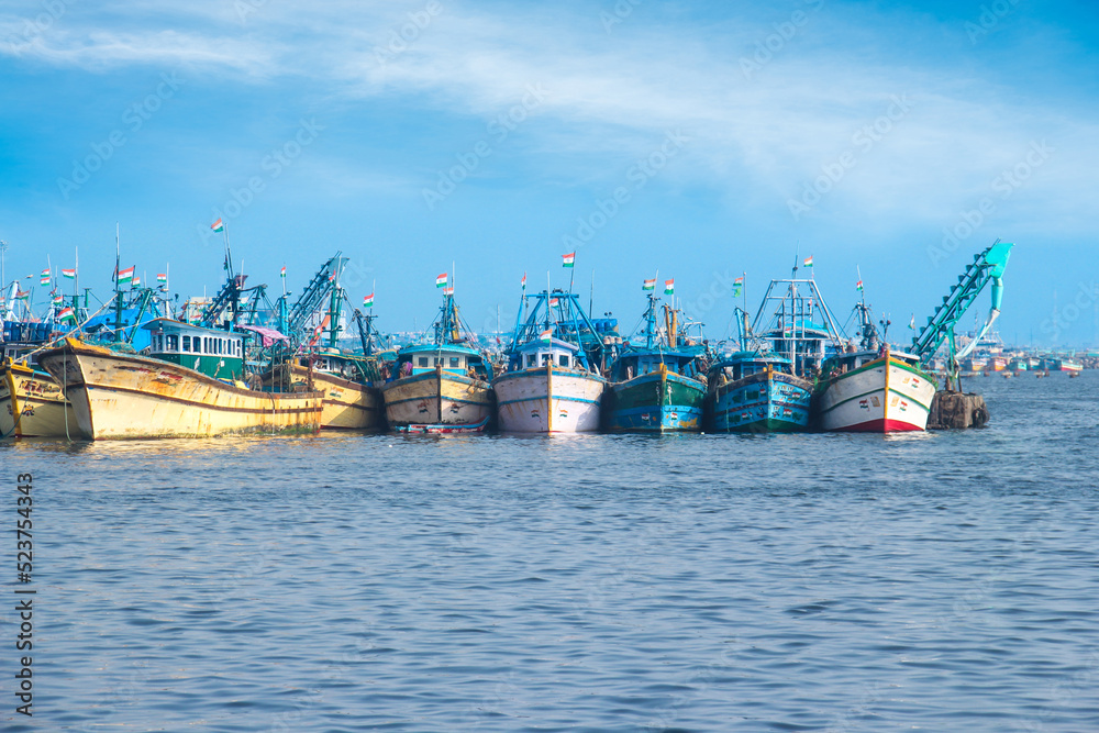 Fishing boats standing near by Chennai harbor 