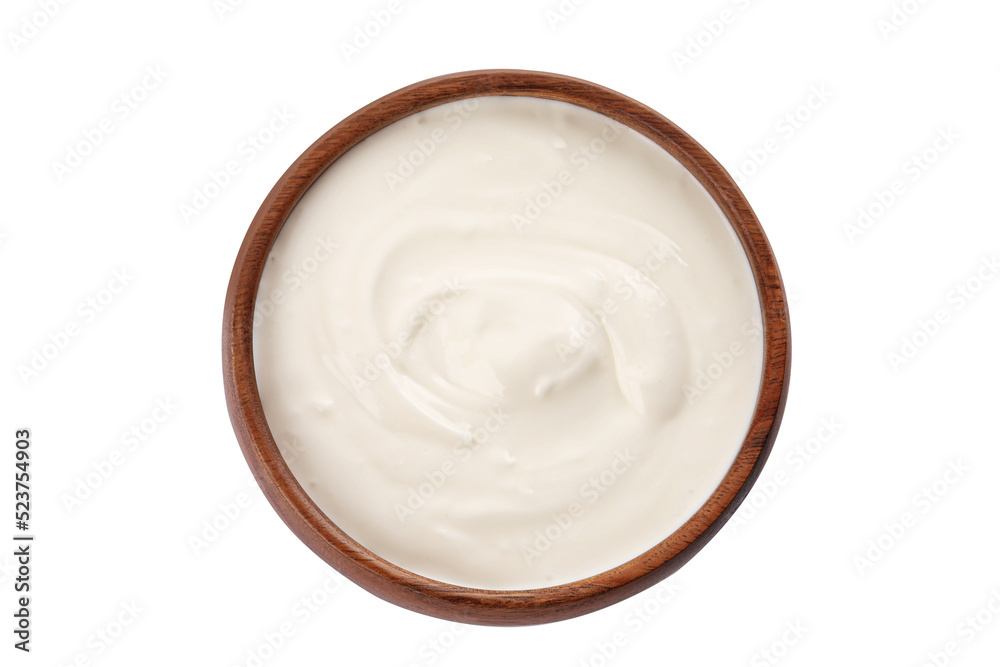 Bowl with delicious organic yogurt isolated on white, top view