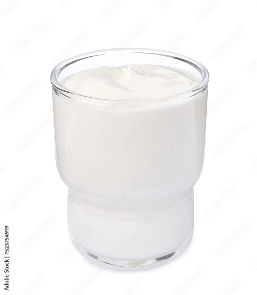 Glass with delicious organic yogurt isolated on white Glass with delicious organic yogurt isolated on white