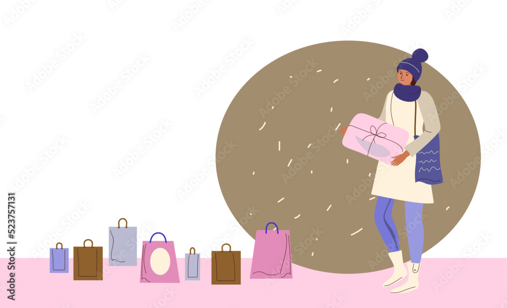 Fototapeta premium Winter sale banner, poster, flyer. Women are buys gifts. Vector illustration in flat cartoon style. 