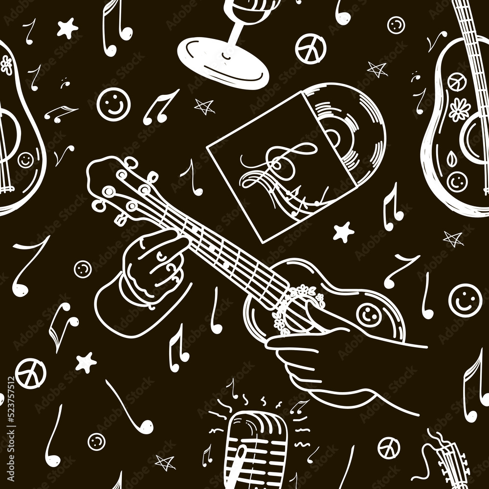 Seamless pattern of musical elements, hand-drawn doodle. Ukulele. Microphone. Small guitar. A vinyl record. A hit. Flying notes. Music. Inspiration. Fingering. Black and white background.