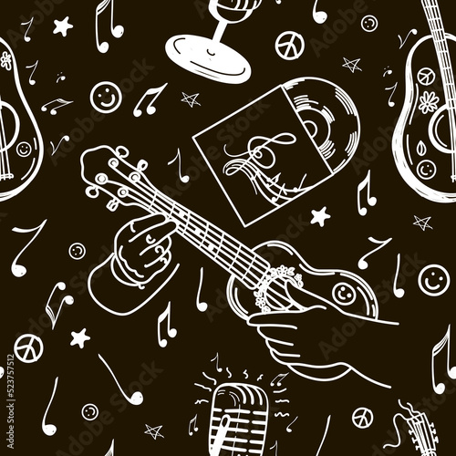 Seamless pattern of musical elements  hand-drawn doodle. Ukulele. Microphone. Small guitar. A vinyl record. A hit. Flying notes. Music. Inspiration. Fingering. Black and white background.