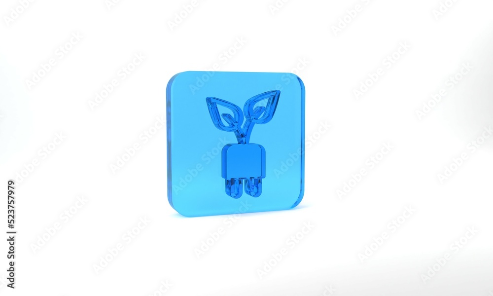 Blue Electric saving plug in leaf icon isolated on grey background. Save energy electricity. Environmental protection. Bio energy. Glass square button. 3d illustration 3D render Blue Electric saving plug in leaf icon isolated on grey background. Save energy electricity. Environmental protection. Bio energy. Glass square button. 3d illustration 3D render