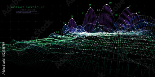 Abstract  background with grid and data on dark. Technology 3d concept. Big data. Visual presentation analysis of color graph data. Banner for business, science and technology data analytics.