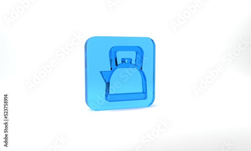 Blue Kettle with handle icon isolated on grey background. Teapot icon. Glass square button. 3d illustration 3D render
