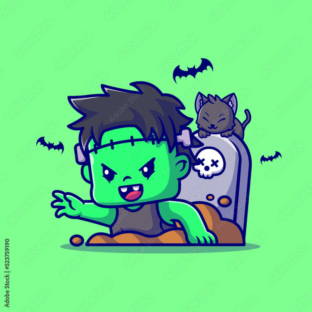 Cute Zombie Frankenstein from the grave Cartoon Vector Icon ...